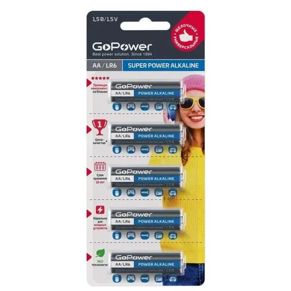 Батарейка AA LR6 алкалиновая GoPower (блистер/5шт)